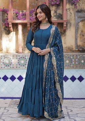 Rama Blue Embroidered Georgette Anarkali Set