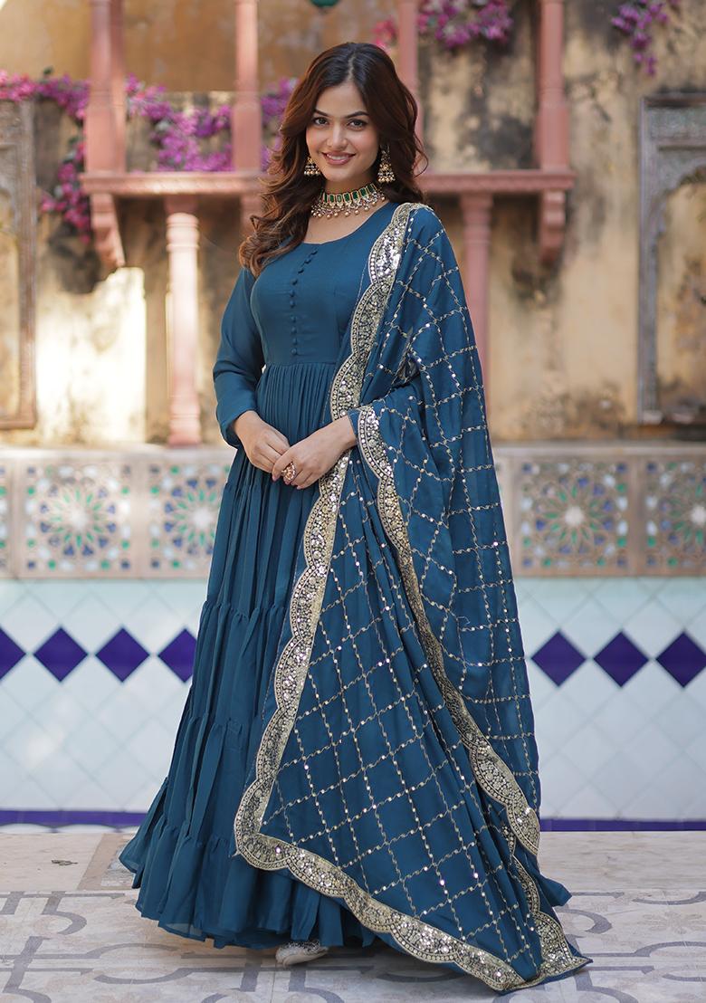 Rama Blue Embroidered Georgette Anarkali Set