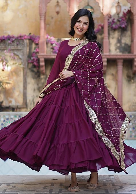 Wine Embroidered Georgette Anarkali Set