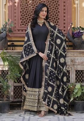 Black Sequin Zari Embroidered Georgette Anarkali Set