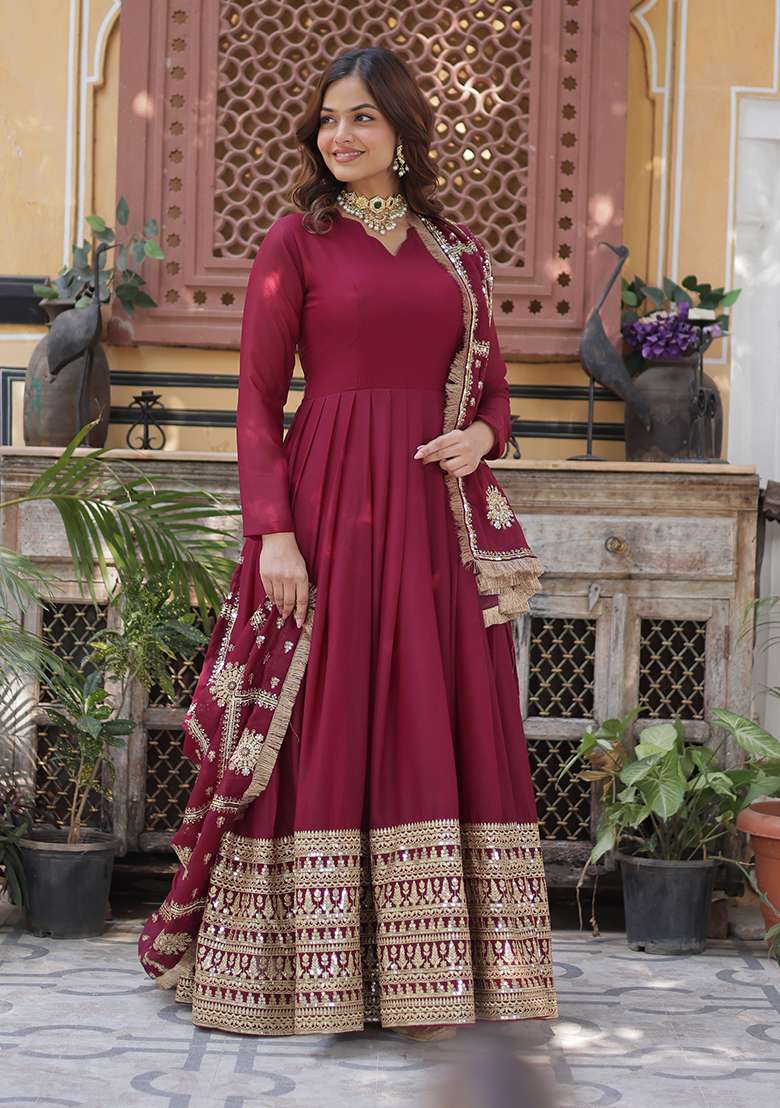 Maroon Sequin Zari Embroidered Georgette Anarkali With Dupatta - Indya
