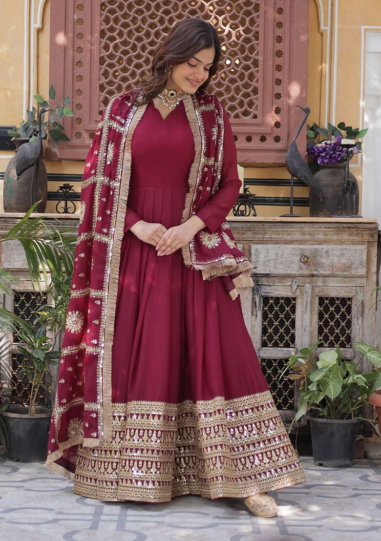 Maroon Sequin Zari Embroidered Georgette Anarkali With Dupatta - Indya