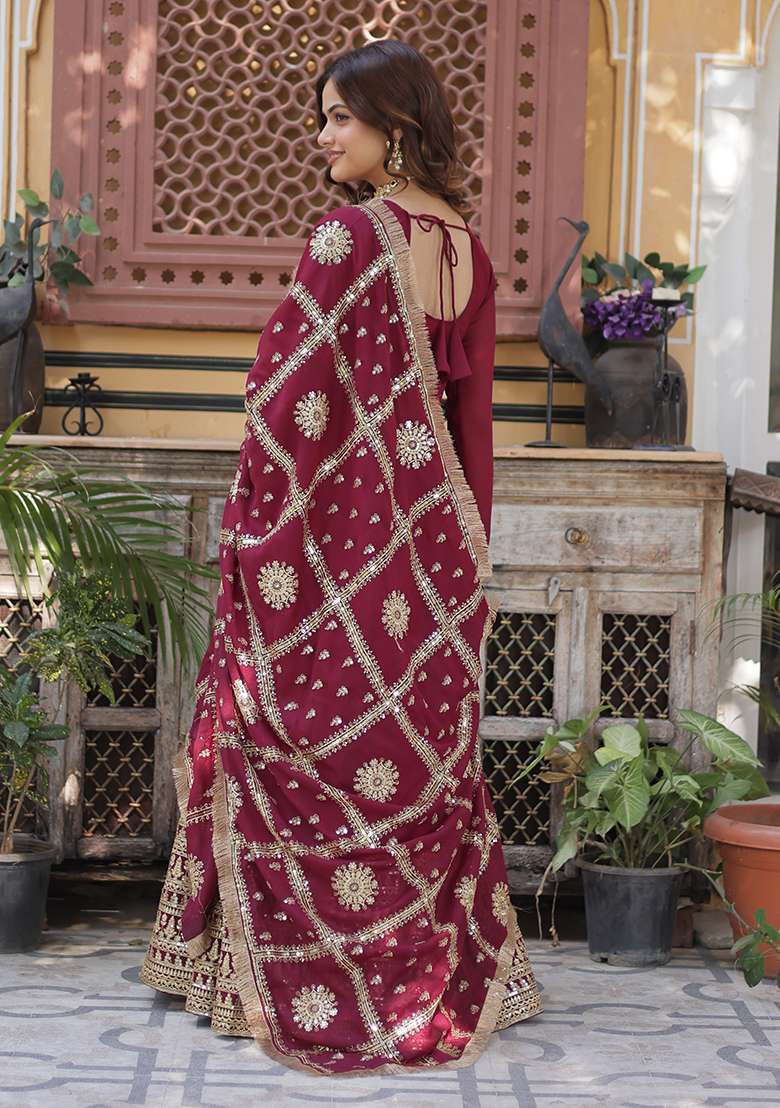 Maroon Sequin Zari Embroidered Georgette Anarkali With Dupatta - Indya