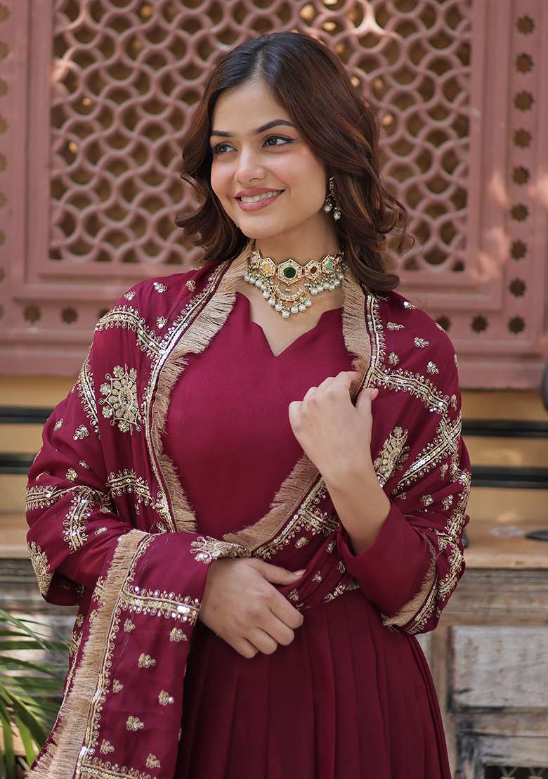 Maroon Sequin Zari Embroidered Georgette Anarkali With Dupatta - Indya