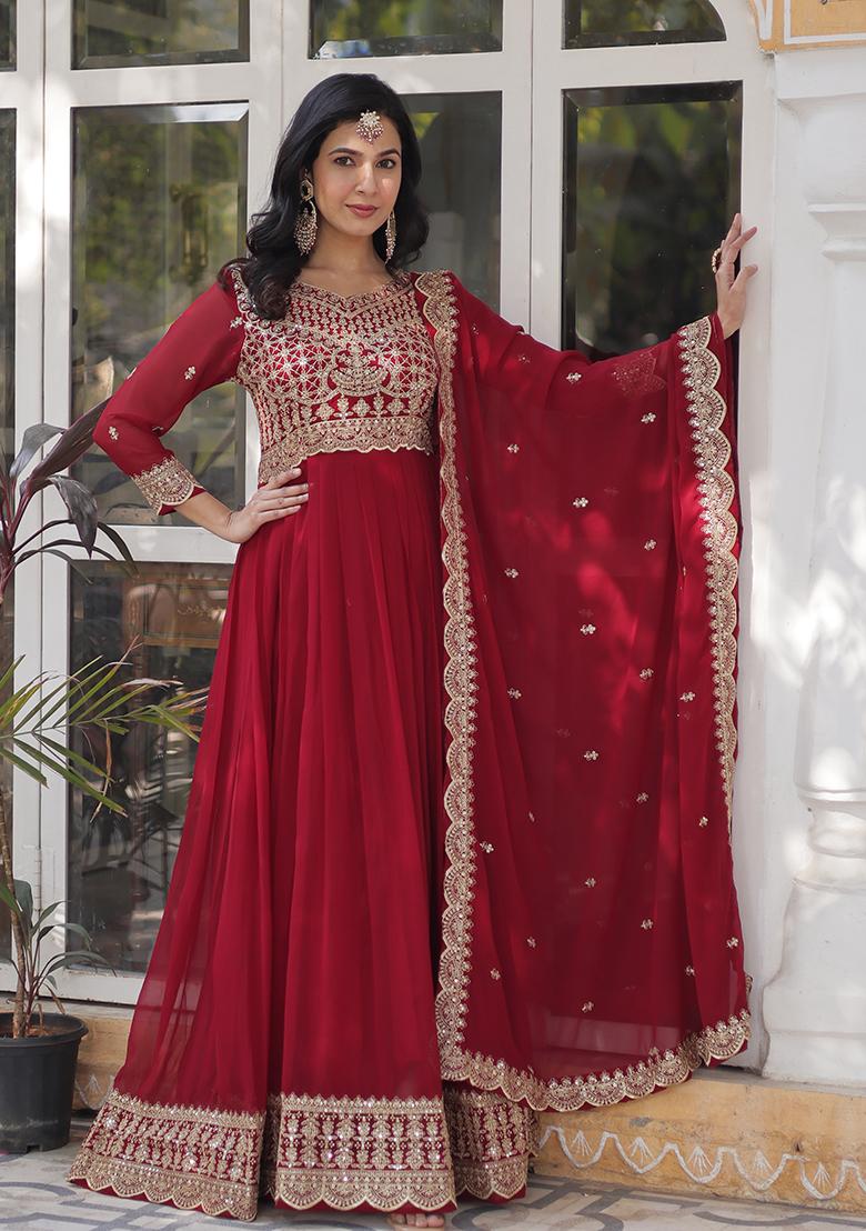 Maroon Sequin Zari Embroidered Faux Blooming Anarkali Set