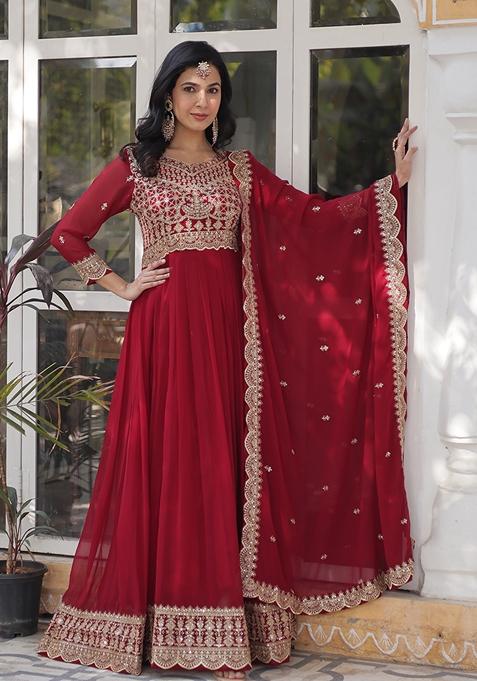 Maroon Sequin Zari Embroidered Faux Blooming Anarkali Set