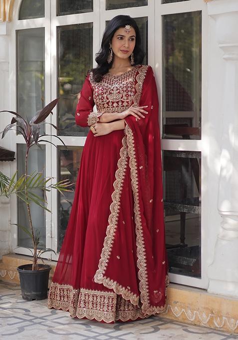 Maroon Sequin Zari Embroidered Faux Blooming Anarkali Set