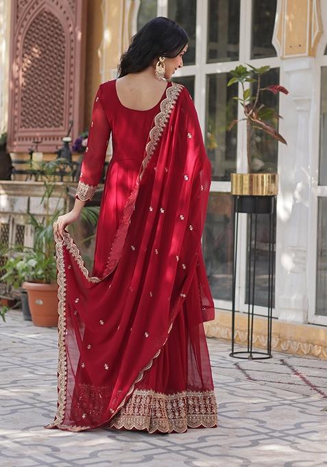 Maroon Sequin Zari Embroidered Faux Blooming Anarkali Set
