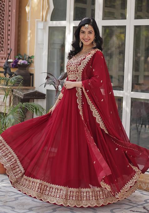 Maroon Sequin Zari Embroidered Faux Blooming Anarkali Set