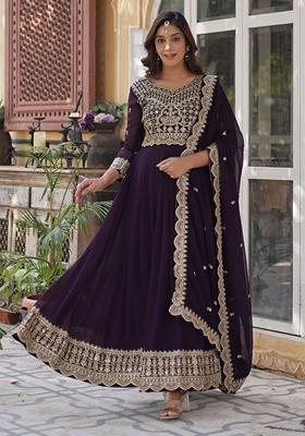 Wine Sequin Zari Embroidered Faux Blooming Anarkali Set