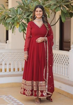 Maroon Sequin Embroidered Faux Blooming Anarkali Set