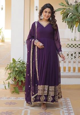 Wine Sequin Embroidered Faux Blooming Anarkali Set