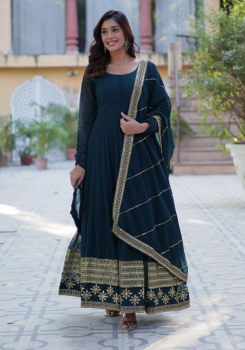 Rama Blue Sequin Embroidered Faux Blooming Anarkali Set