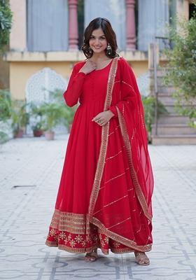 Red Sequin Embroidered Faux Blooming Anarkali Set