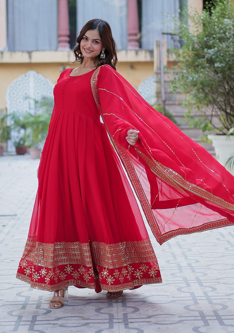 Red Sequin Embroidered Faux Blooming Anarkali Set