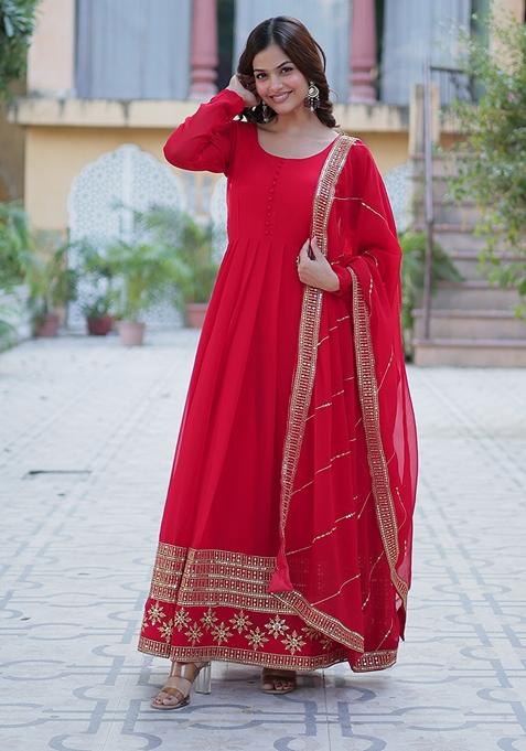 Red Sequin Embroidered Faux Blooming Anarkali Set