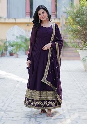 Wine Sequin Embroidered Faux Blooming Anarkali Set