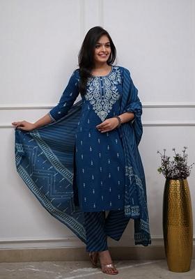 Blue Machine Embroidered Cotton Kurta Set