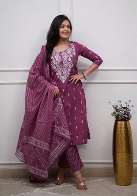 Purple Machine Embroidered Cotton Kurta Set