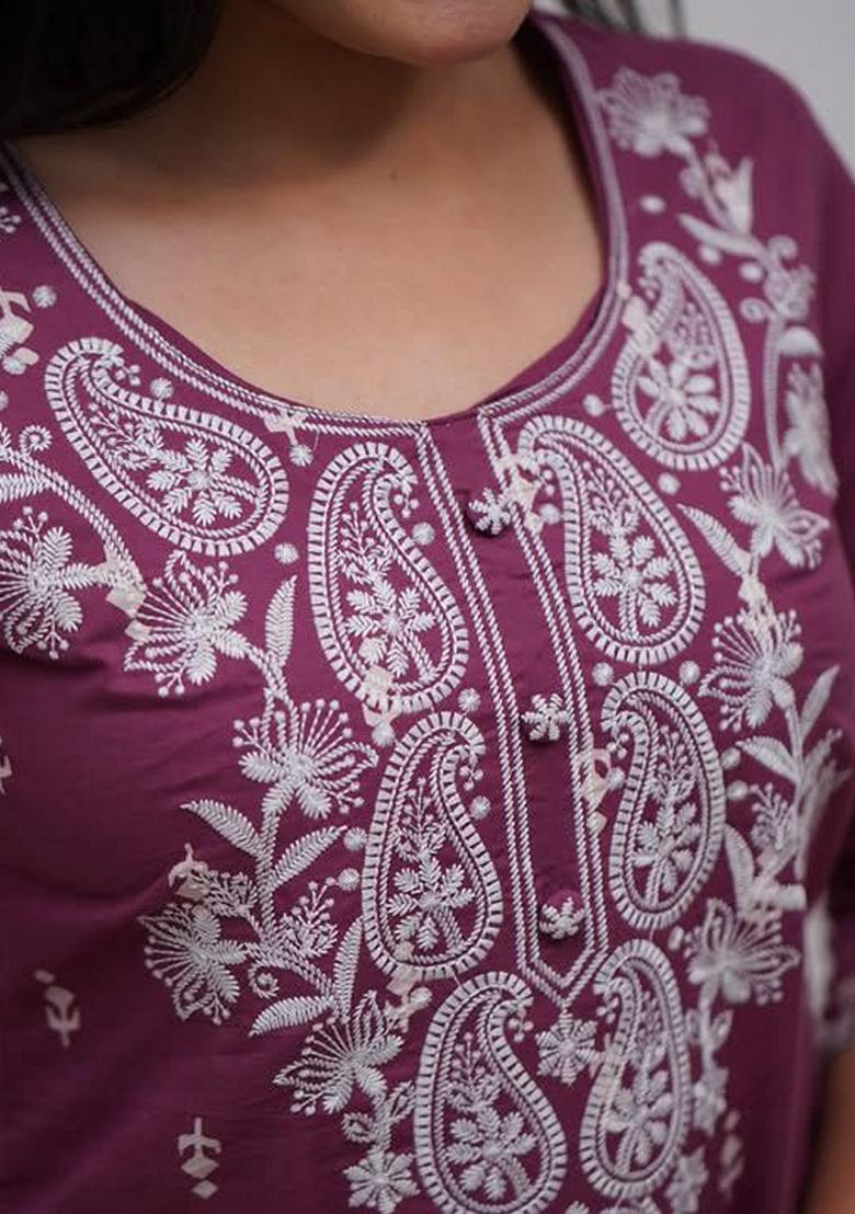 Purple Machine Embroidered Cotton Kurta Set