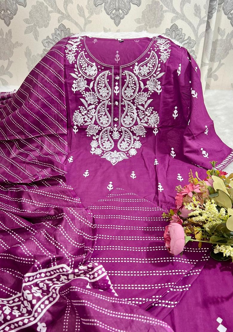 Purple Machine Embroidered Cotton Kurta Set