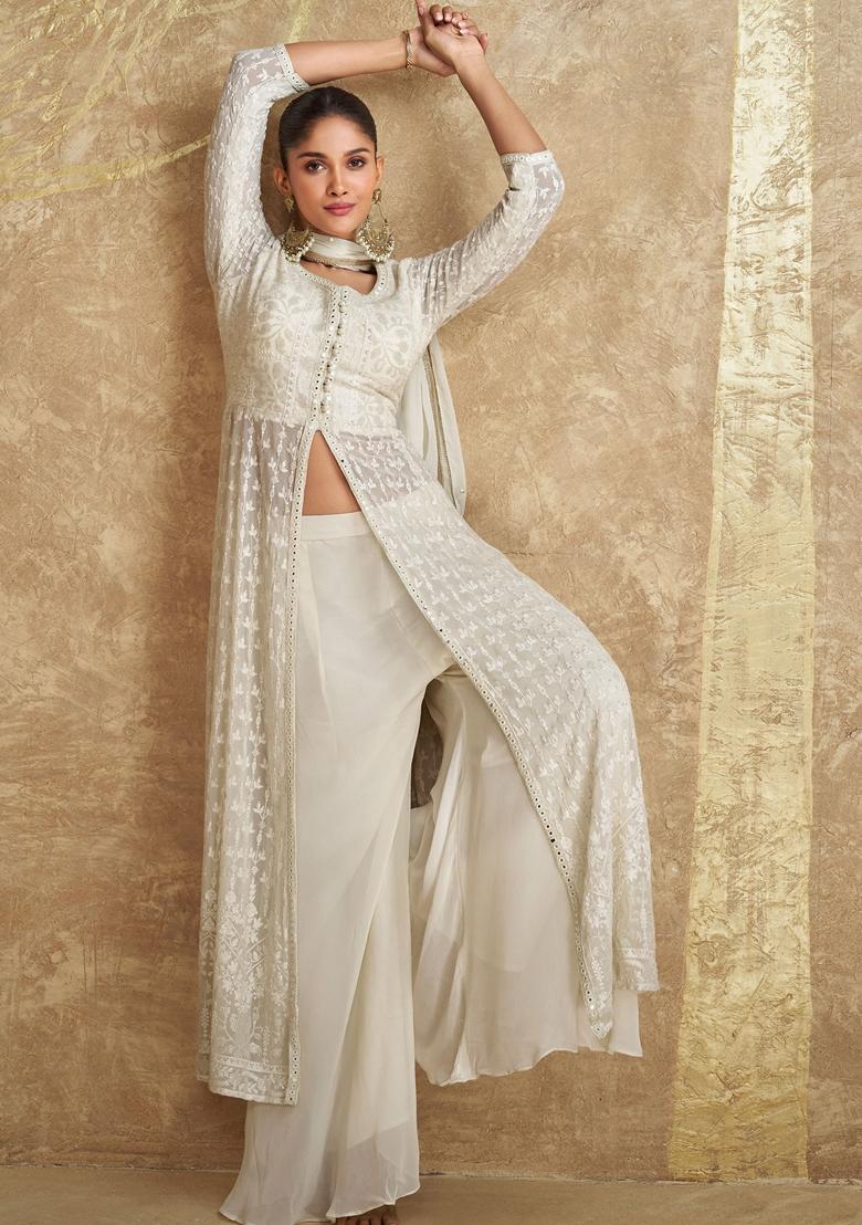 White Embroidered Georgette Palazzo Set