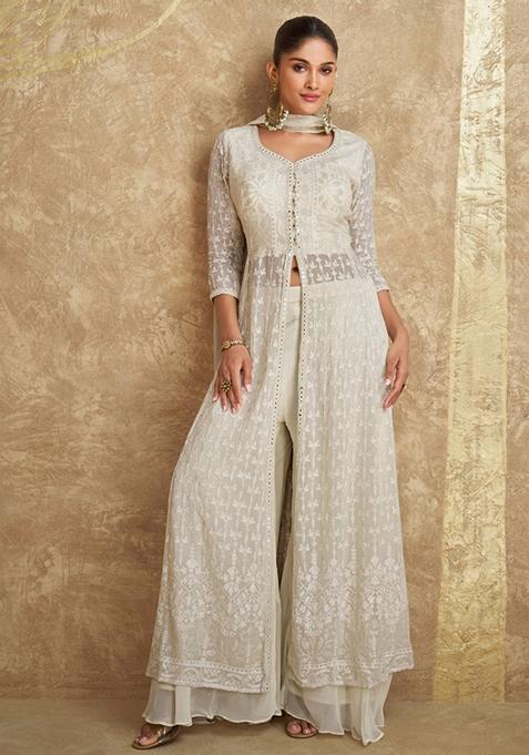 White Embroidered Georgette Palazzo Set