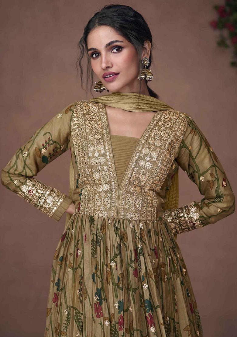 Green Embroidered Organza Silk Anarkali Set