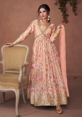 Light Pink Embroidered Organza Silk Anarkali Set