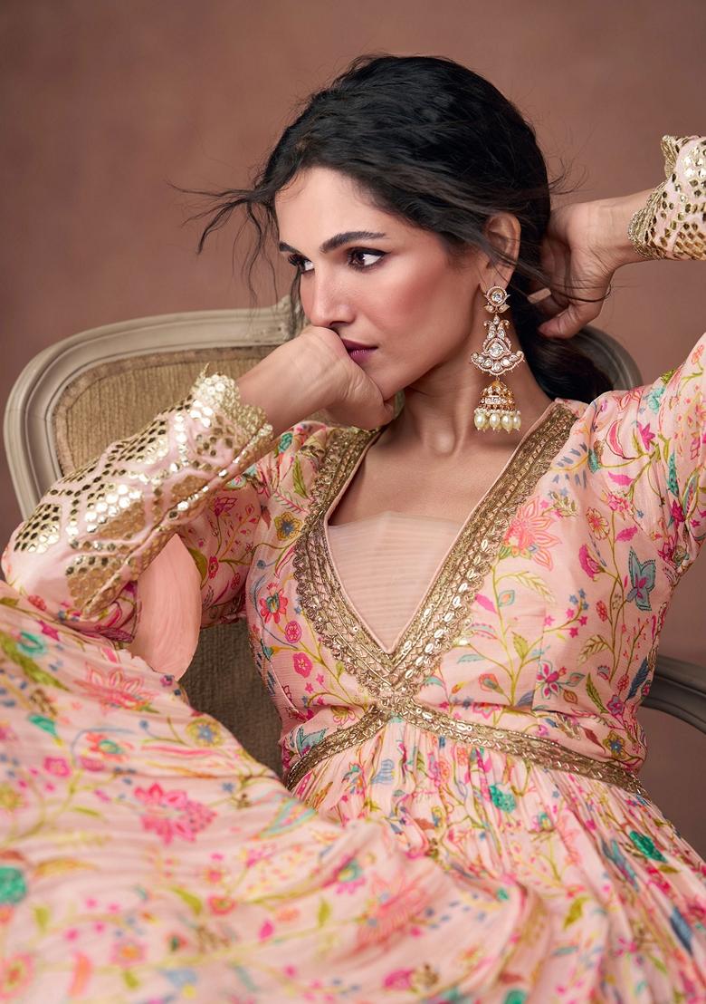 Light Pink Embroidered Organza Silk Anarkali Set