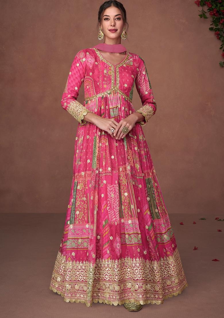 Pink Embroidered Organza Silk Anarkali Set