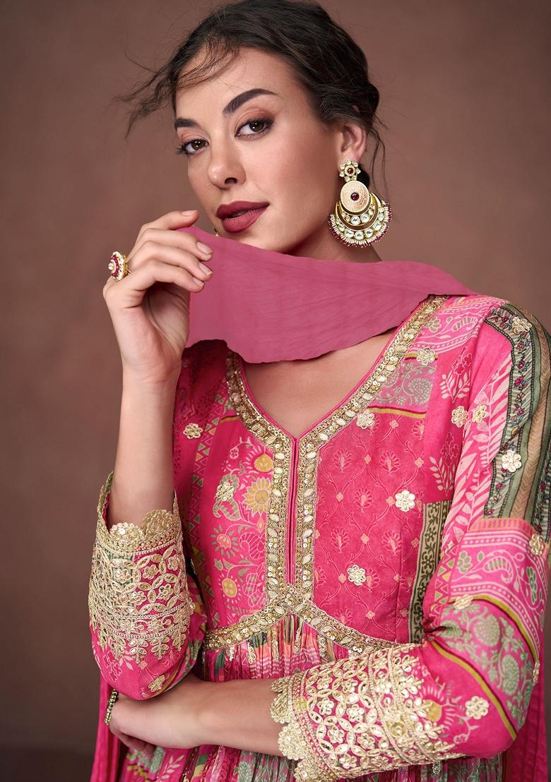 Pink Embroidered Organza Silk Anarkali Set