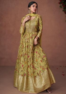 Green Embroidered Organza Silk Anarkali Set