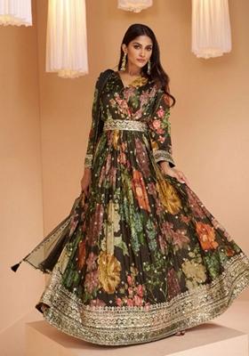 Black Printed Georgette Anarkali Set