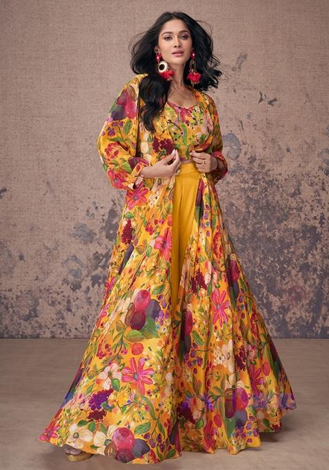 Mustard Printed Crepe Silk Jacket Set