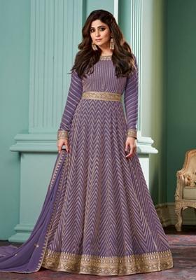 Purple Embroidered Georgette Anarkali Set