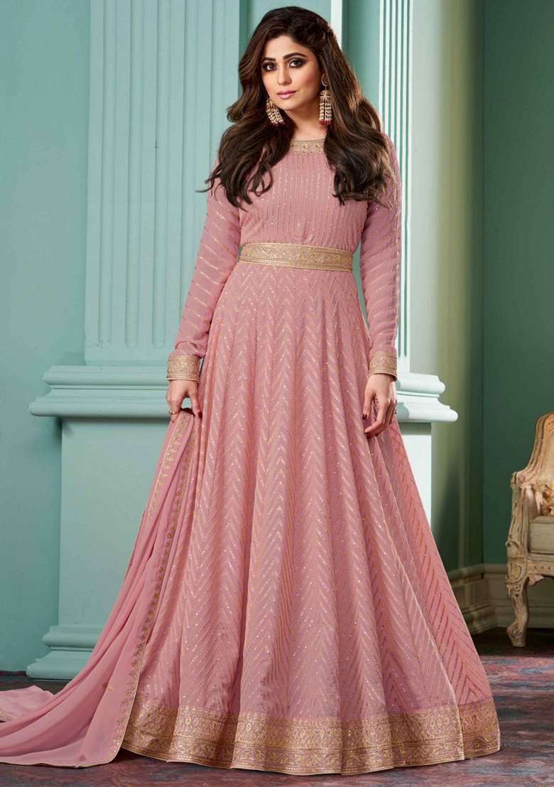 Rose Gold Embroidered Georgette Anarkali With Dupatta - Indya