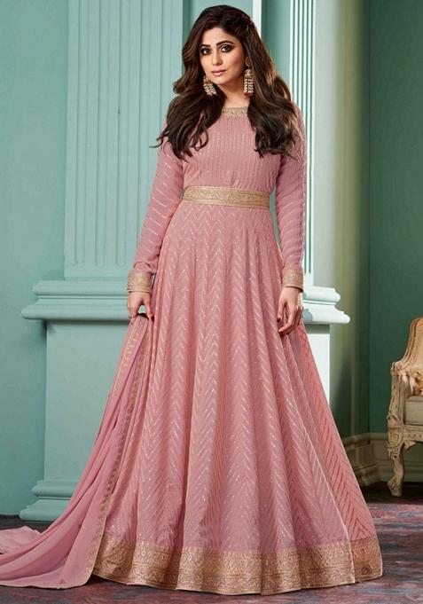 Rose Gold Embroidered Georgette Anarkali Set