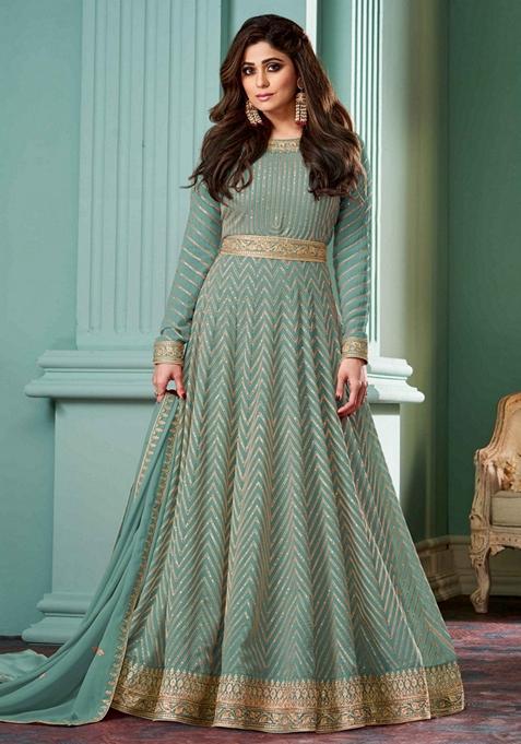 Turquoise Embroidered Georgette Anarkali Set