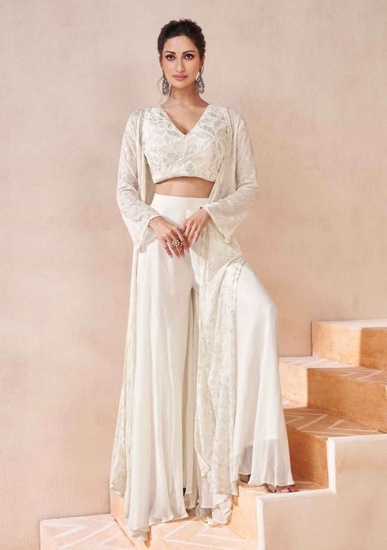 White Embroidered Georgette Jacket Set - Indya