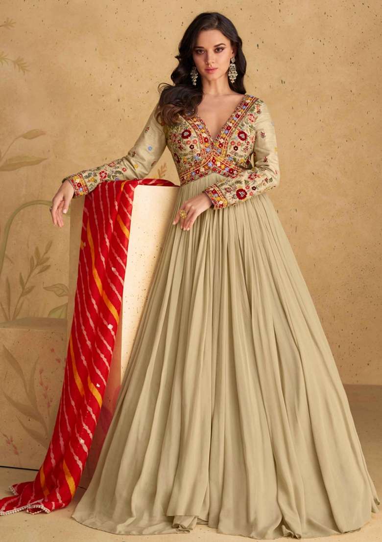 Fawn Embroidered Georgette Anarkali Set - Indya