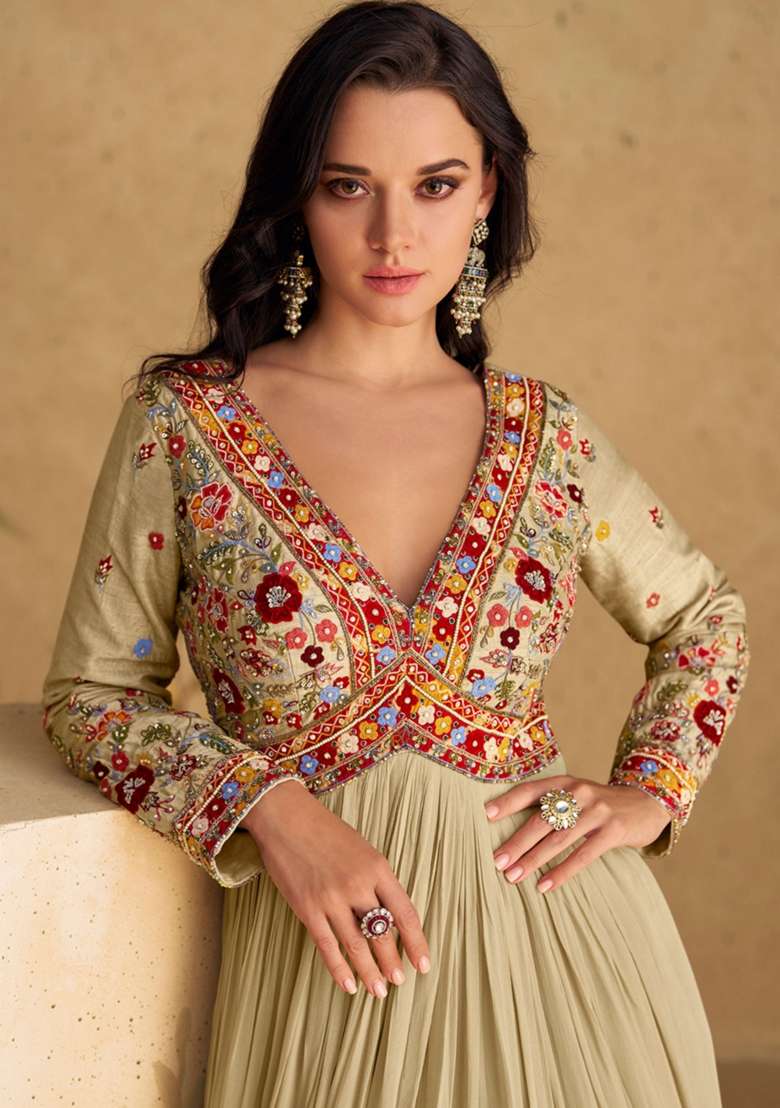 Fawn Embroidered Georgette Anarkali Set - Indya