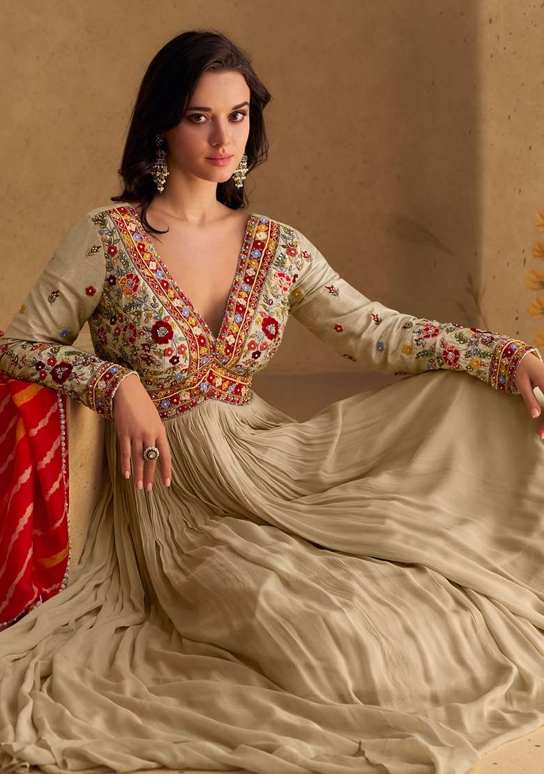 Fawn Embroidered Georgette Anarkali Set - Indya
