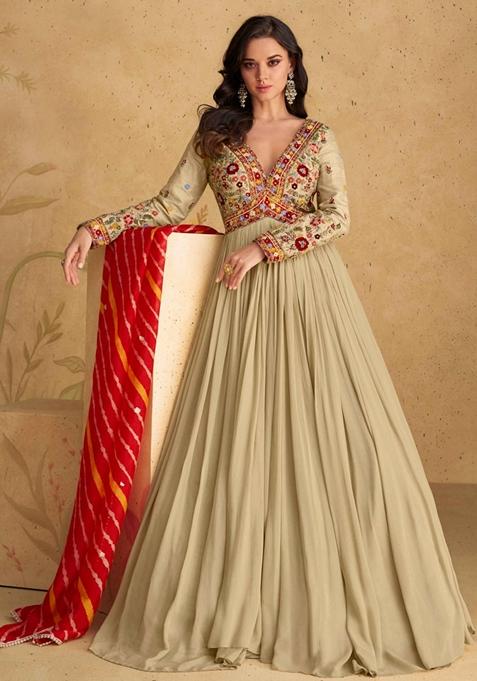 Fawn Embroidered Georgette Anarkali Set