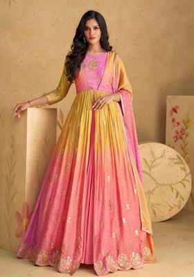 Multicolor Embroidered Chinon Silk Anarkali Set