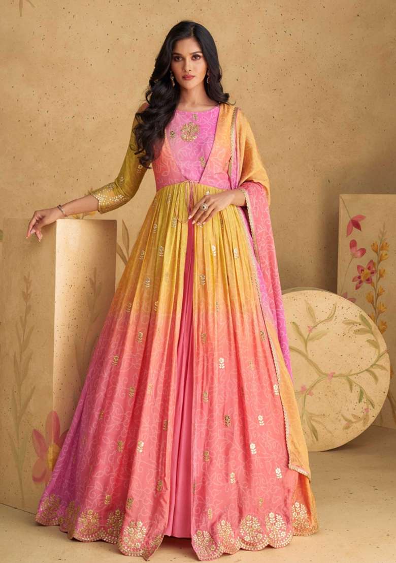 Multicolor Embroidered Chinon Anarkali Set - Indya