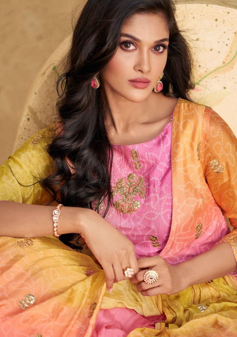 Multicolor Embroidered Chinon Silk Anarkali Set