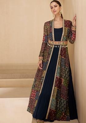 Blue Printed Georgette Anarkali Set