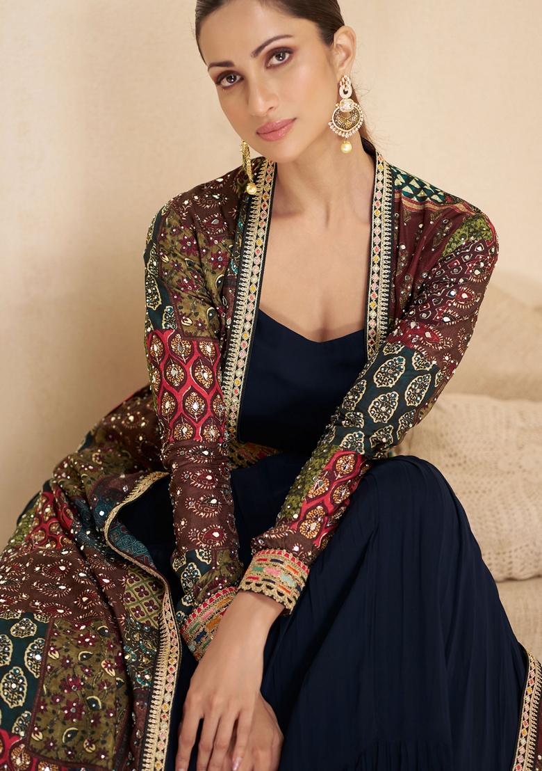 Blue Printed Georgette Anarkali Set