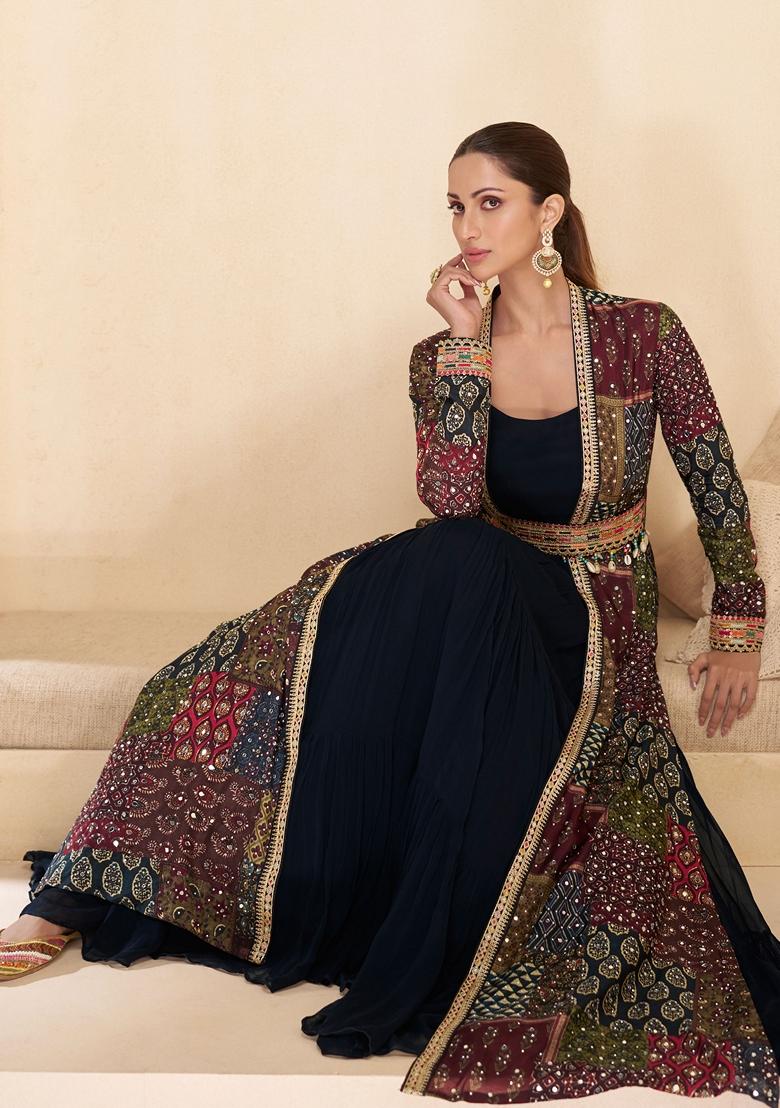 Blue Printed Georgette Anarkali Set